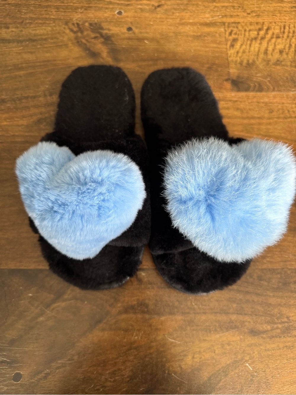 Black Plush Women’s Slippers with Blue Heart Accent